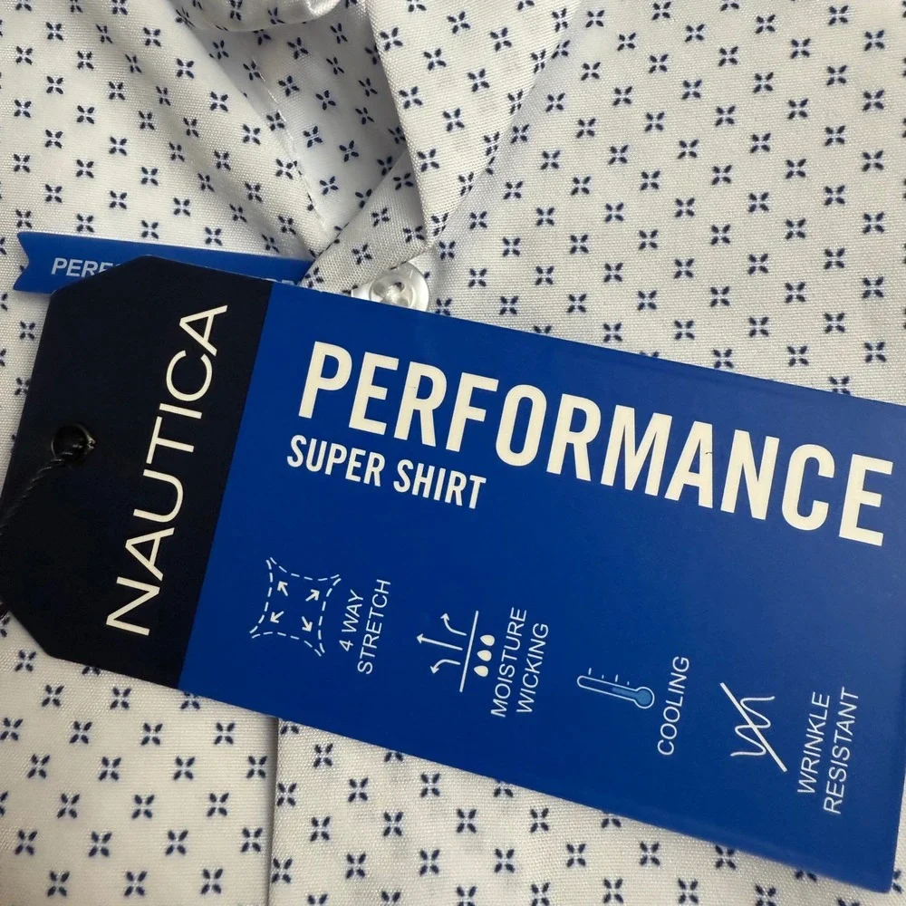 Nautica Mens‎ Slim Fit Performance Dress Shirt Blue Geo Print Long Sleeve Size L